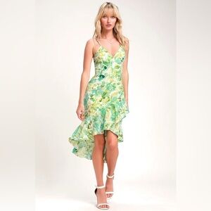 Dress the Population Wendy Ivory and Green Leaf Print Ruffle Midi Dress (Size L)